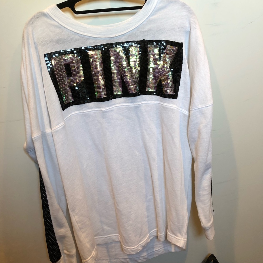 White long sleeve sparkly comfy shirt from PINK